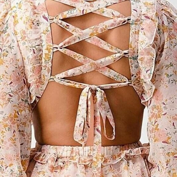 3/4 Sleeve Strappy Back Pink Floral Sexy Deep V-Neck Cut Out Mini Dress - Picture 8 of 13